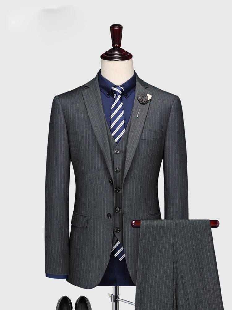 男士灰色条纹西服外套商务休闲单西韩版修身西装上衣帅气